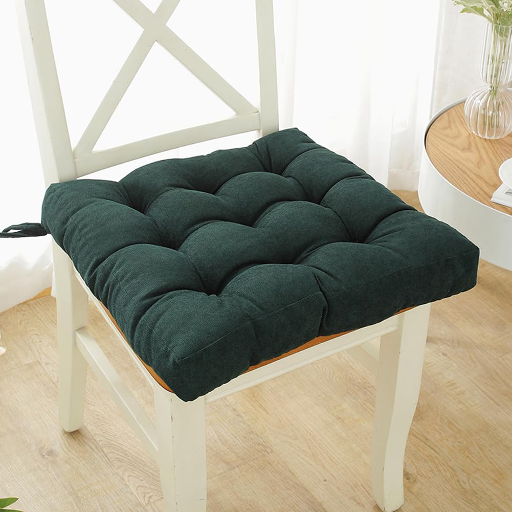 kuyouqi Corduroy Seat Cushion with Ties for Dining Chair, Square Thick Seat Pad Soft Armchair Booster Cubic Cushion for Home Office Garden (50 x 50 x 10 cm, Dark Green) โ image 1
