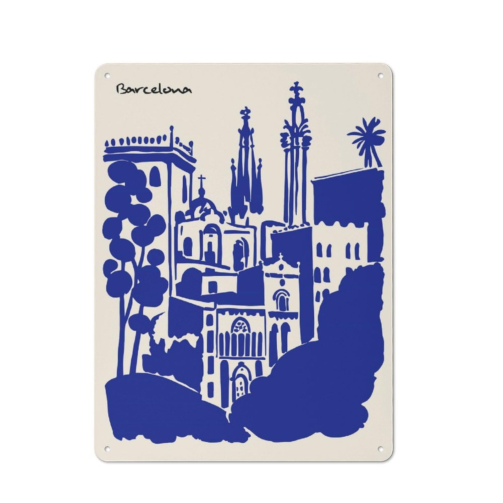 Junmoney Style-18 Decorative Tin Plaque With Barcelona Cityscape Blue Silhouette Illustration Design 40X30cm, Decorative Novelty Wall Art For Bedroom, Kitchen, Office Or Living Room