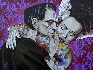 Undying Love by Mike Bell Bride of Frankenstein & Frankenstein Tattoo Lounge Art Pop Surrealism Lowbrow Art Gallery Quality Fine Art Print (OPTION 3. Stretched Museum Canvas, D: 30.53" x 23.08")
