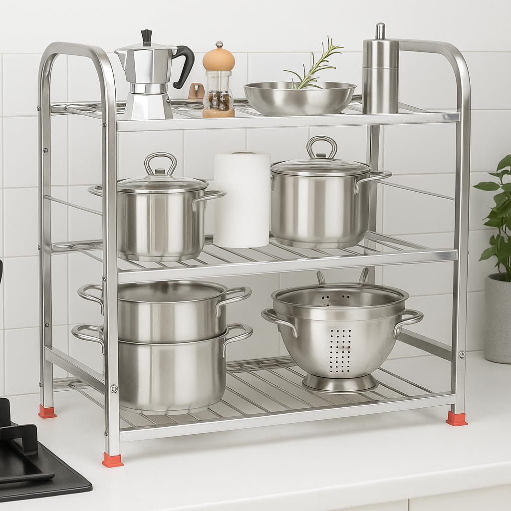 Namani 3-Tier Stainless Steel Foldable Rack for Kitchen & Bathroom | Space-Saving Pipe Frame Shelf | Multi-Purpose Storage Organizer for Home, Balcony, Laundry, Office – Rustproof & Durable-image-1