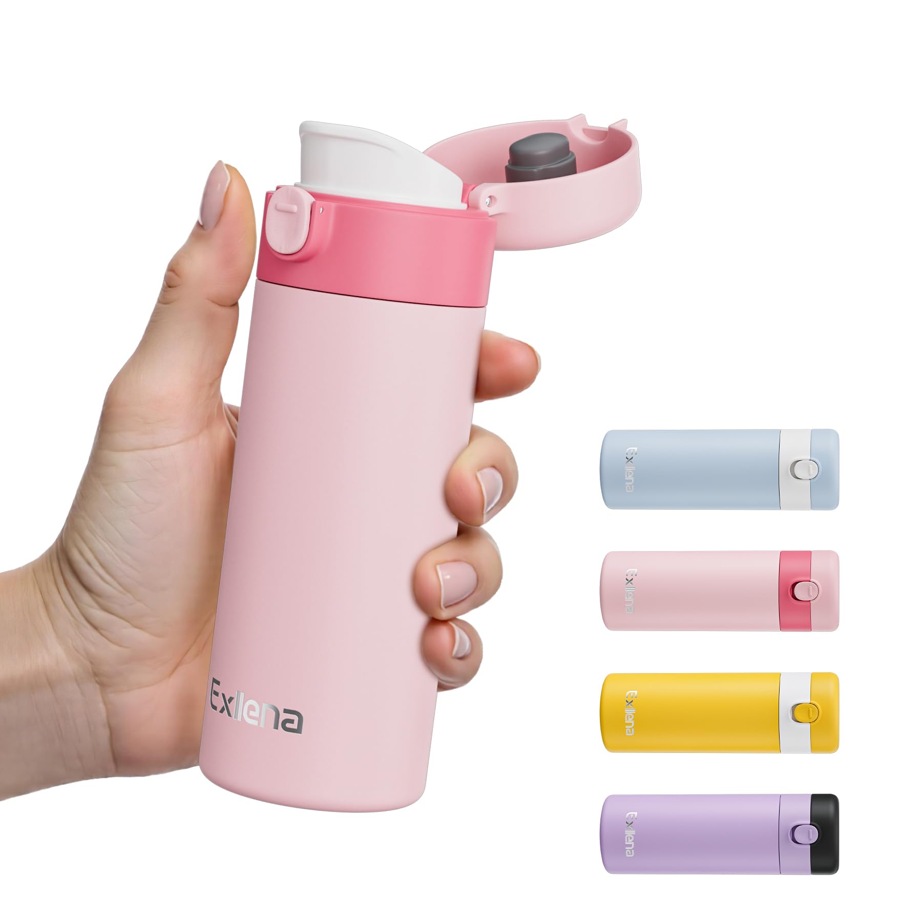Exllena Small Insulated Water Bottle with Push-Button Lid – 220ml Mini Flask, Leakproof Mini Water Bottle for Coffee, Milk, Travel, School & Office Use(Pink & Magenta)