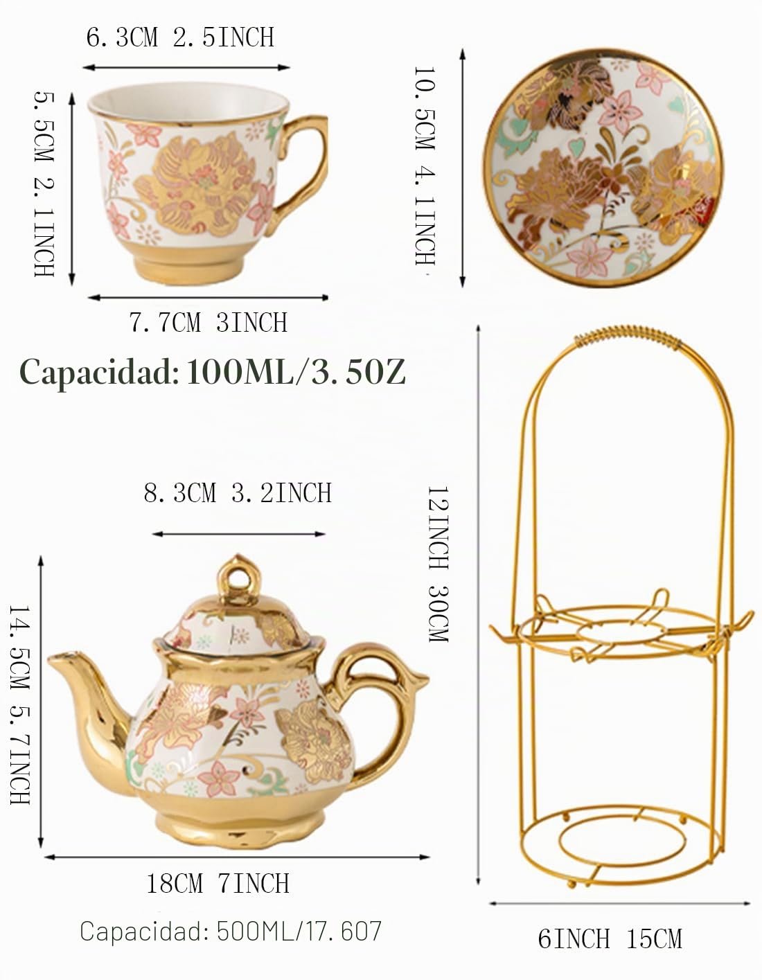 Juego de té de cerámica con rosa roja chapada en oro, juego de té vintage con tetera, hermoso juego de té para café para 6 personas (rosa, mediano)