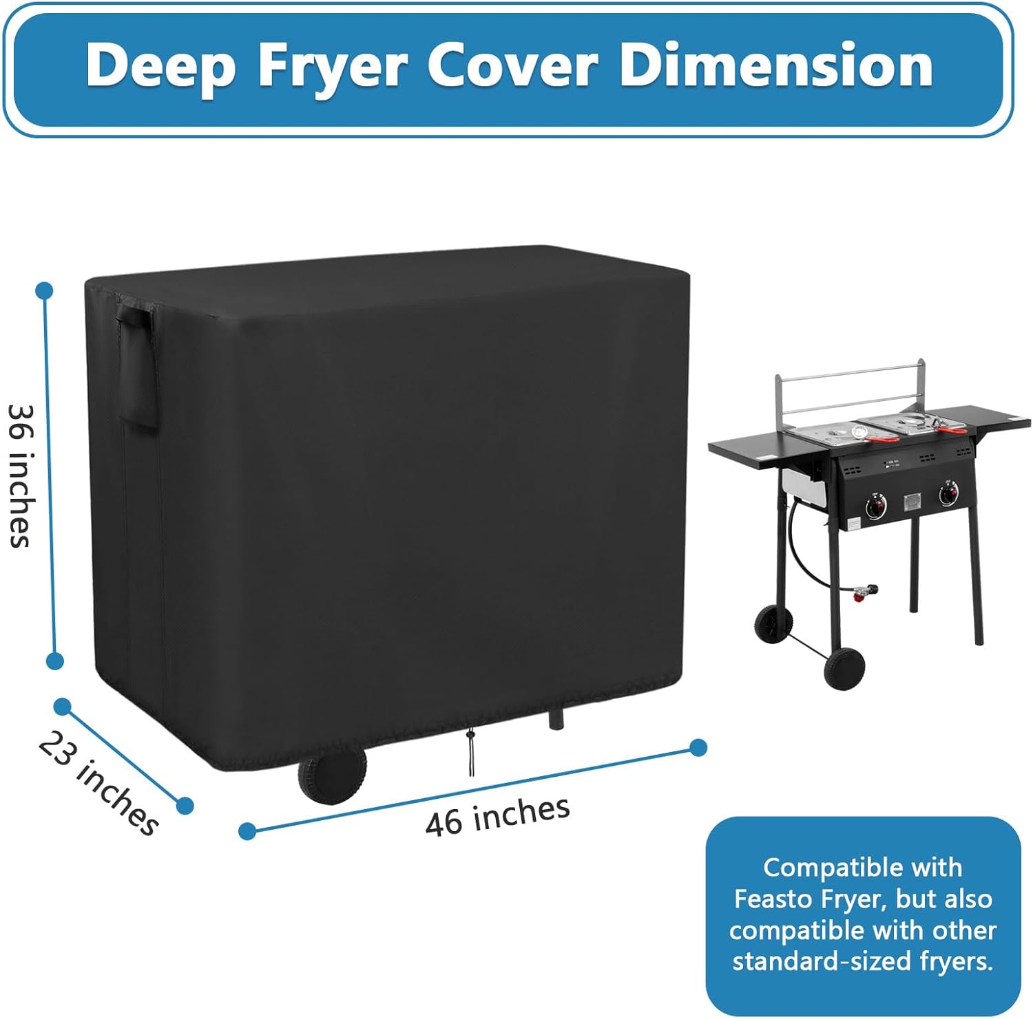 Fish Fryer Cover Compatible with Feasto Outdoor Propane Deep Fryer,420D Deep Fryer Cover with Waterproof Strip, 2 Buckles & Ventilation Opening,Black（46''D x 23''W x 36''H）