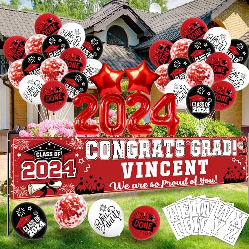 50 Pcs Congrats Grad Graduation Banner Latex Foil Balloon Decorations Class 2024 Personalized Class of 2024 Graduation Banner with 78 Alphabet Stickers Graduation Yard Sign Banner Personalized Red