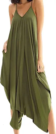 Double Chic Women's Jumpsuit with Pockets V Neck Casual Spaghetti Strap Plus Size One Piece Flowy Harem Rompers