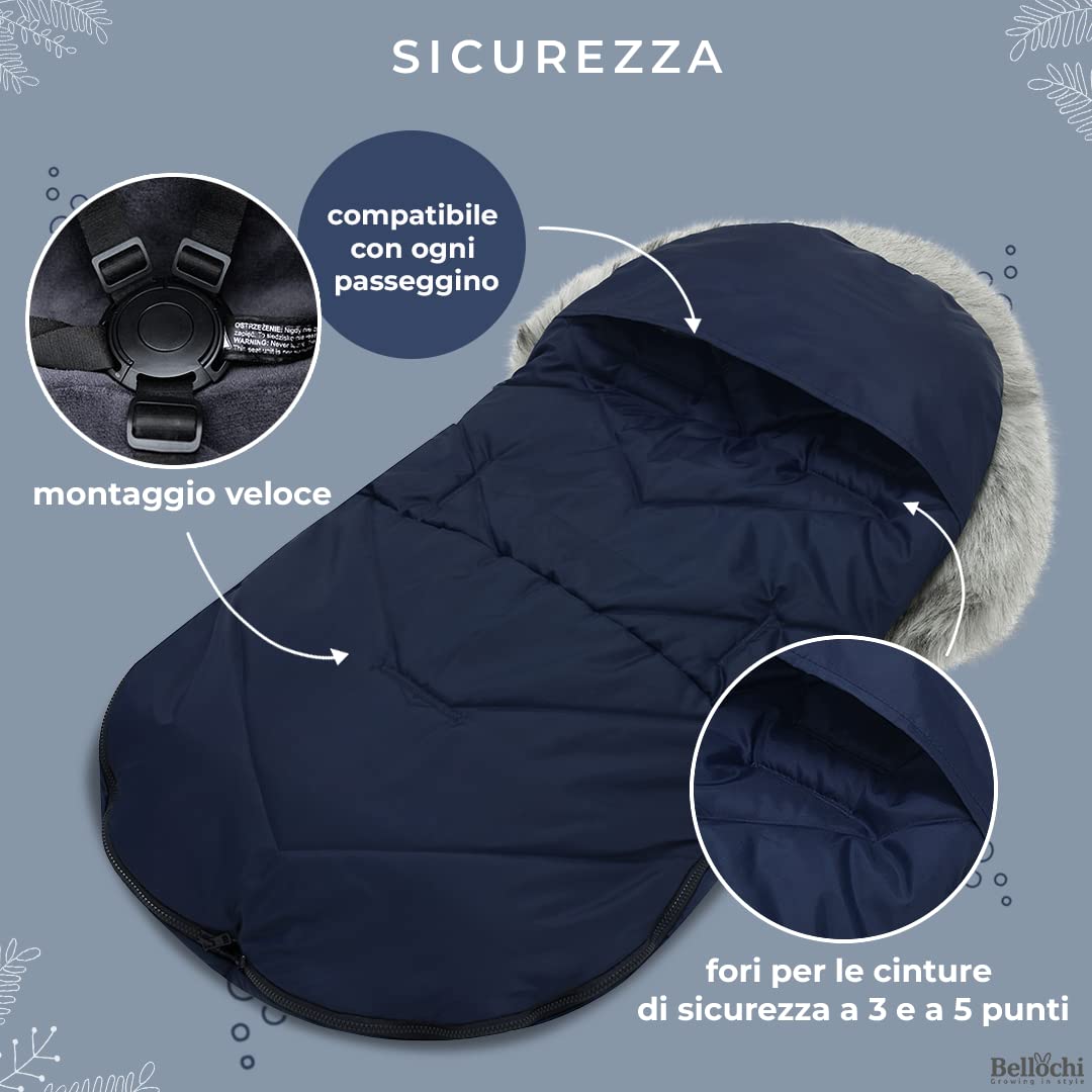 Bellochi Sacco Passeggino Universale Coprigambe Passeggino Universale - Comodo e Caldo Sacco Ovetto Invernale con Cerniera e Cappuccio Staccabile - Blu Scuro