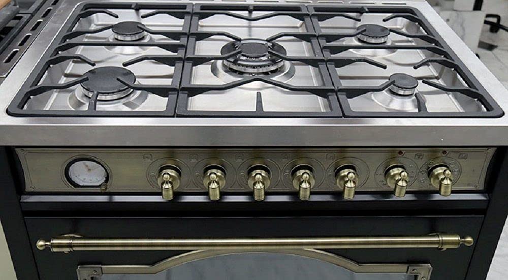 Kaiser Gas-Standherd Empire HGE 93555 Em+A 9423 BE ECO, Retro Gas Elektro Standherd 90 cm Range Coocker/Dunstabzugshaube 90 cm, 910 m³/h,Schwarz,Belle Époque mit Metallelementen •Antique Gold•