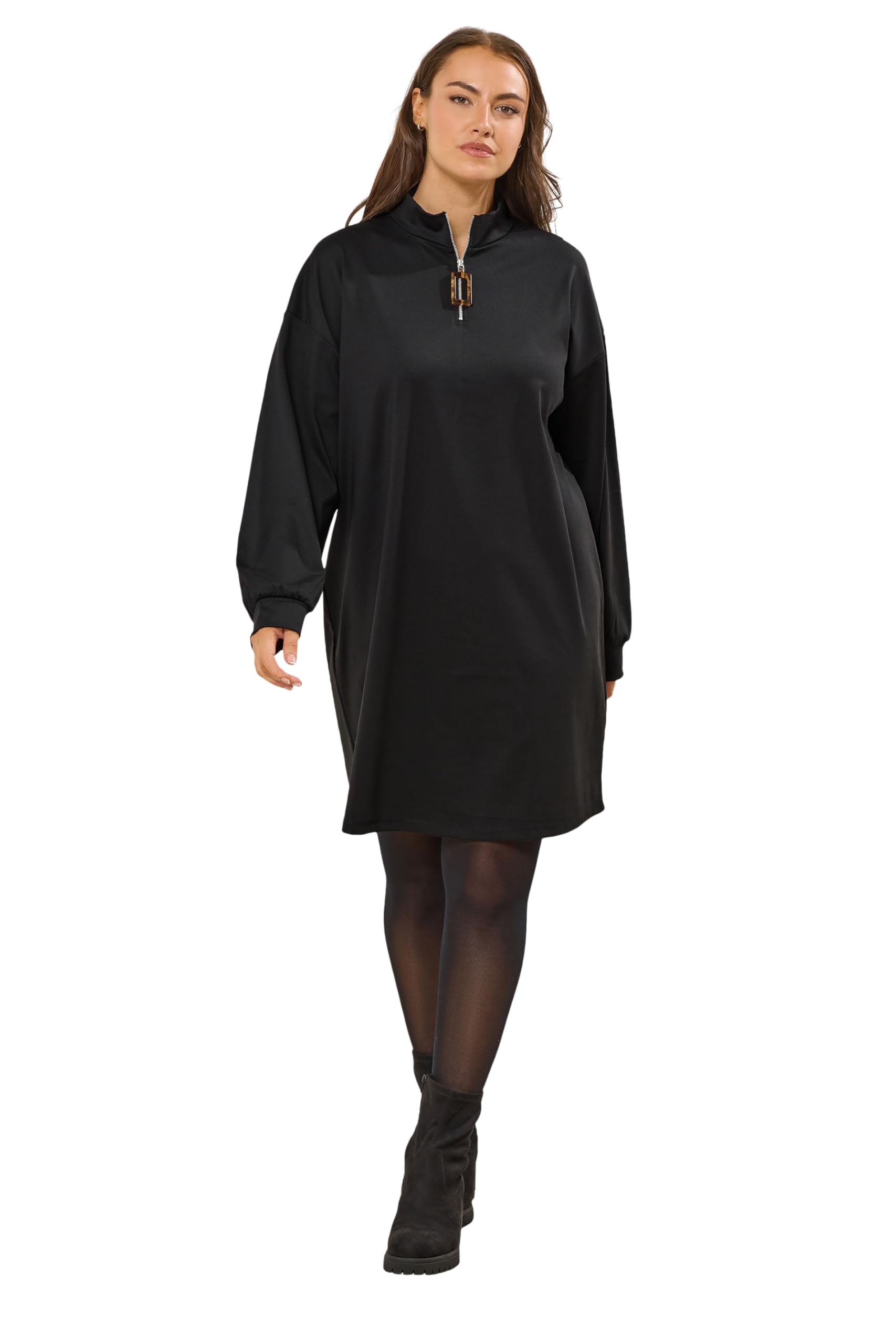 Yours Women's Black Zip Neck Mini Jumper Dress In | Size: 26-28