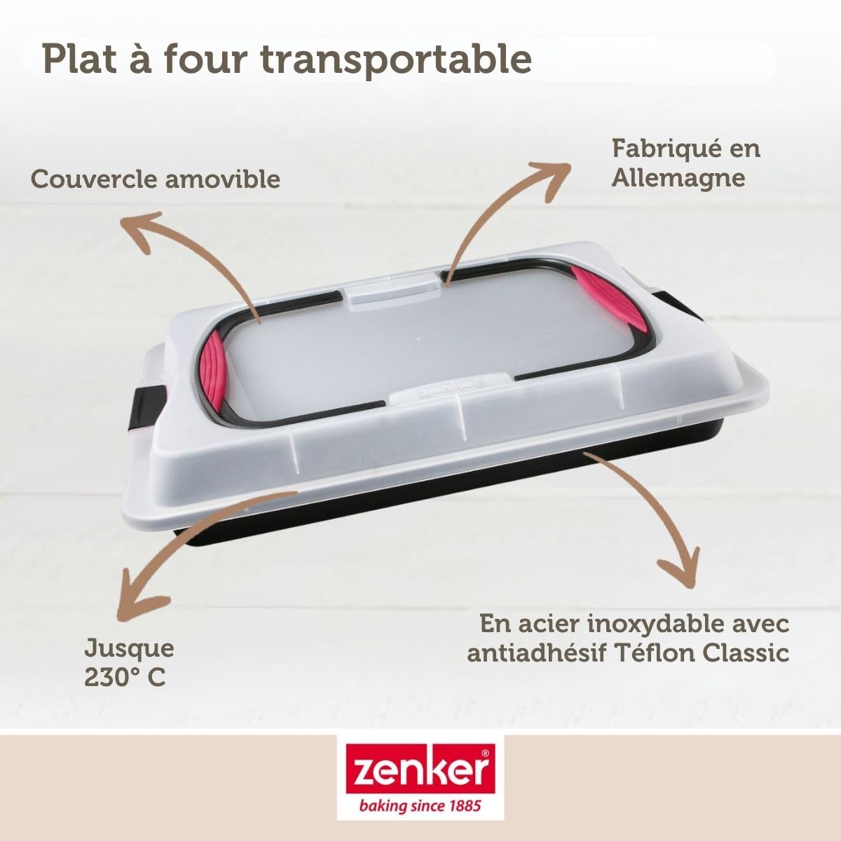 Zenker 7903 plaque de cuisson avec couvercle, plaque pâtisserie four, boite de transport gâteau, boite gâteau rectangulaire, Acier inoxydable, 42 x 29 x 7,5 cm