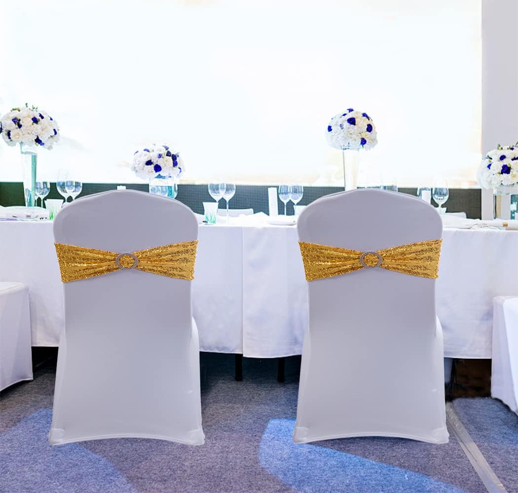 Double Sided Sequin Gold Chair Sashes 50 Pack, Gold Sequin Chairs Sashes Bows for Wedding Party Decoration, Chair Sash Band with Buckles for Fiesta Christmas Event Decorations