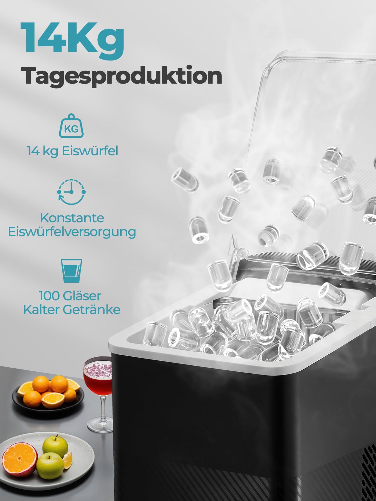 FOHERE Tragbare Eiswürfelmaschine 14 Kg/24h Selbstreinigend Kompakt Schwarz