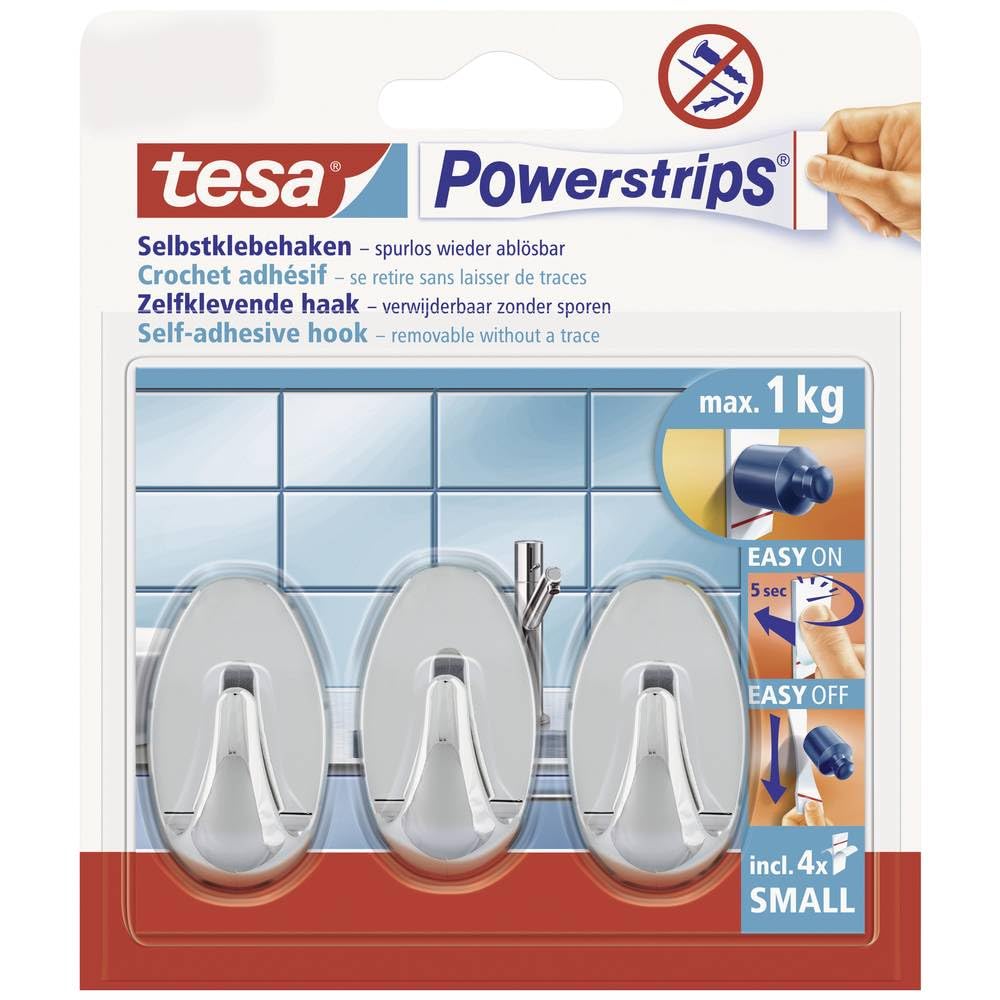 tesa Powerstrips Haken Small OVAL - Selbstklebender Wandhaken für Glas, Kacheln, Holz, Kunststoff und andere Untergründe - Chrom