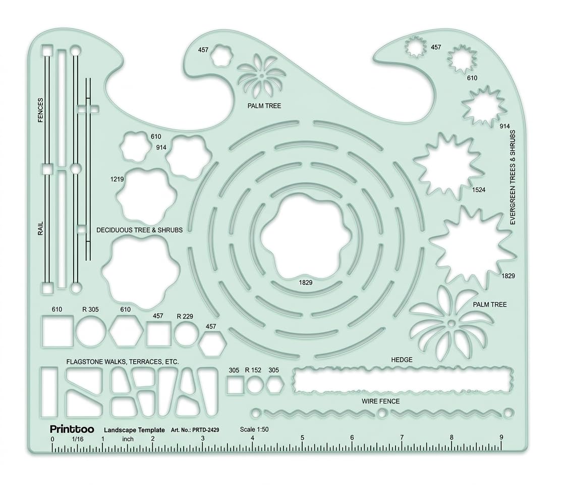 Printtoo Landscape Architecture Template, 2 mm Acrylic Site Plan Stencil Ruler with Tree Shrub Palm Fence Rail Walkway Terrace Symbols for Garden Design Drafting Mapping Model Layouts