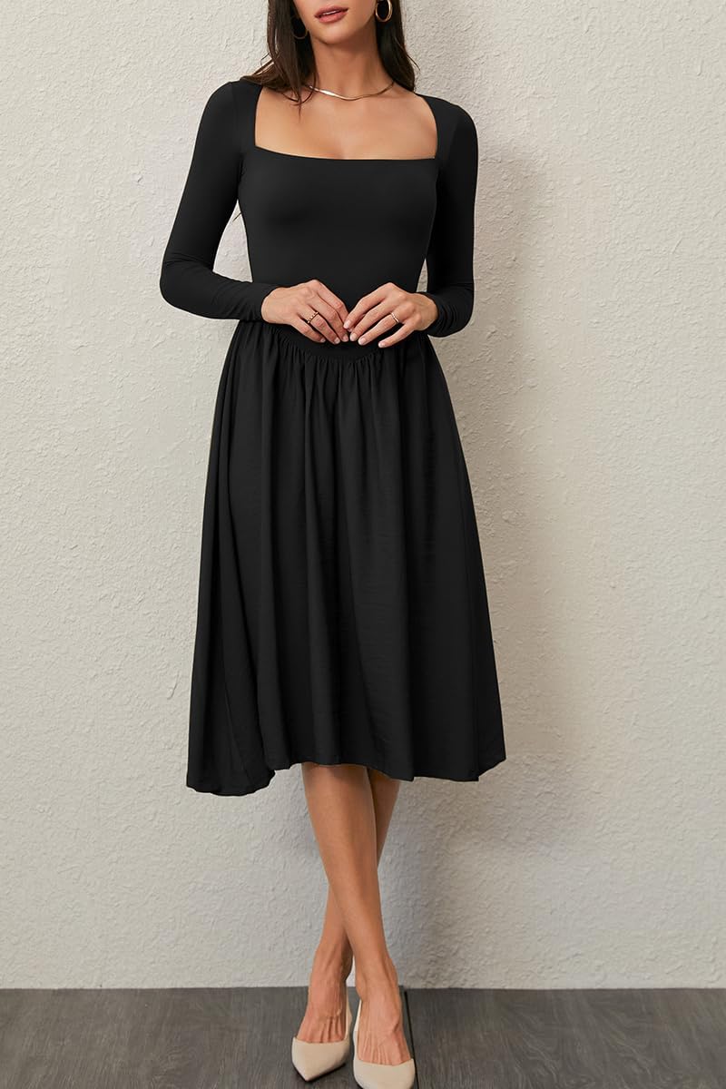 CHYRII Women Spring Fashion 2025 Square Neck Long Sleeve Casual A-Line Midi Dress - Image 3