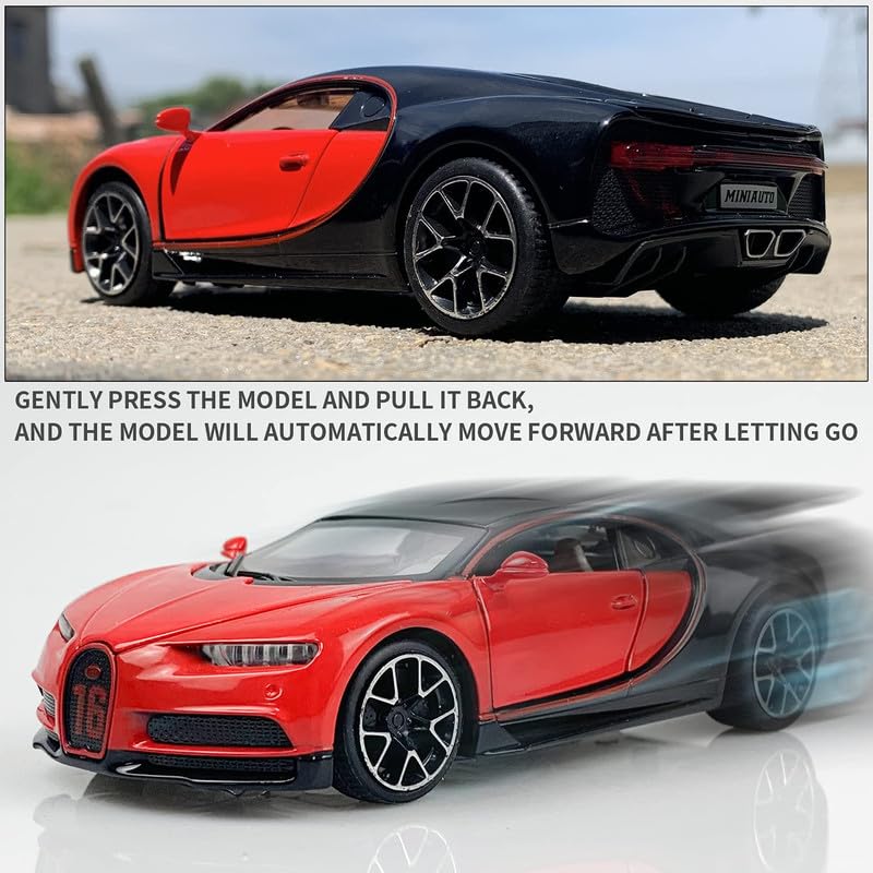 Image of Kids Model 1:32 Bugatti Chiron Die Cast Metal Car Pull Back Action Opening Doors with Realistic Engine Sound Lights Toy Car Gift for Boys - Red