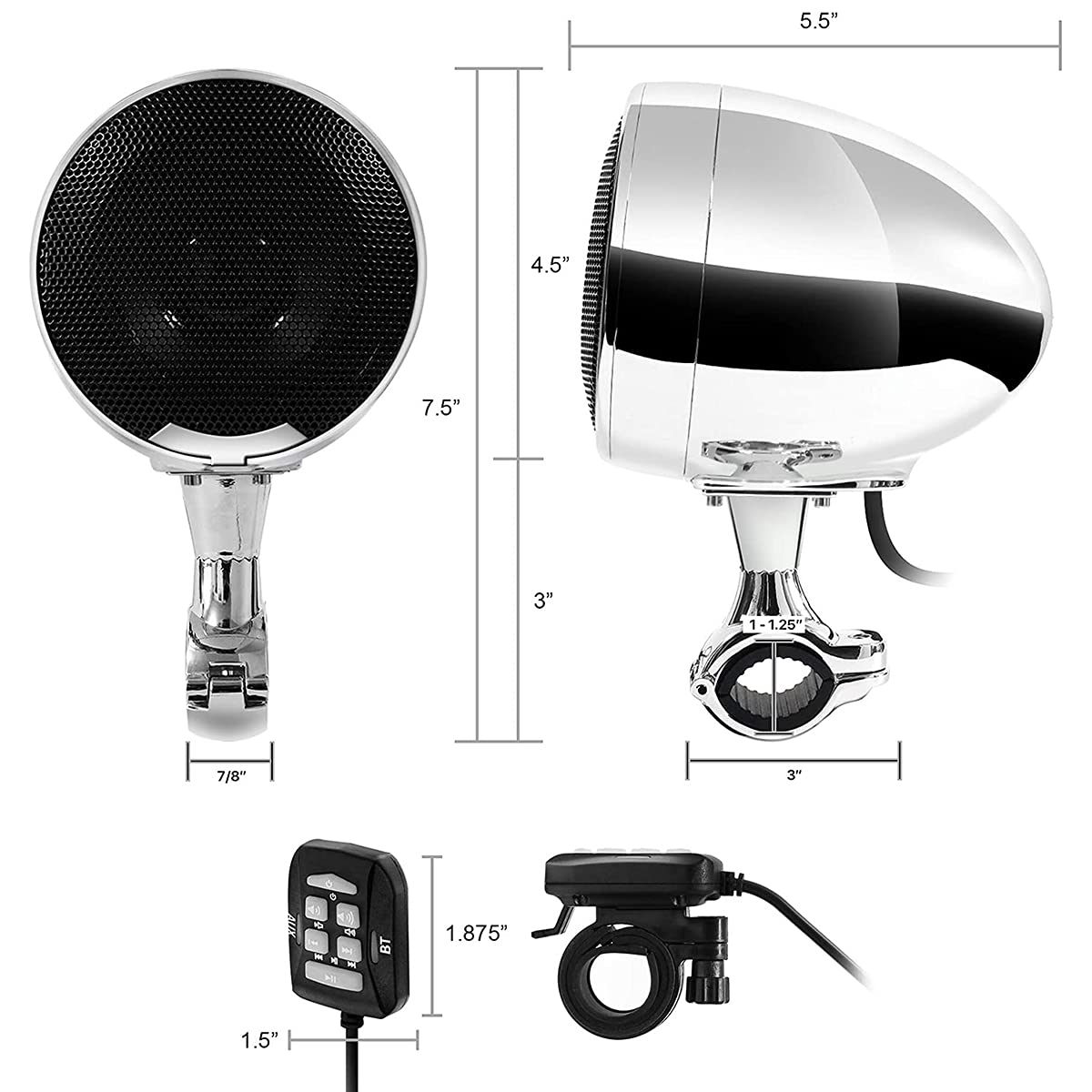 600W Amplificatore integrato 4.5" Bluetooth impermeabile Altoparlanti stereo per moto Sistema radio audio per moto con USB AUX MP3, adatto per l'installazione sul manubrio da 1 a 1.25" (Chrome)