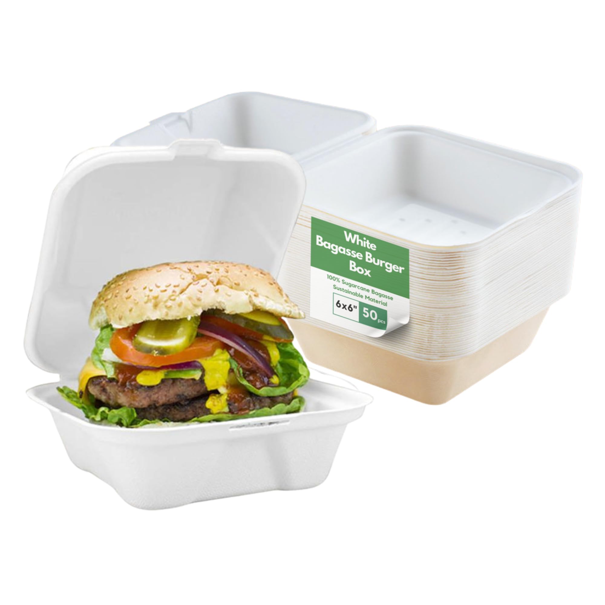 CaterCo Disposable Bagasse Clamshell Food Containers - 6 x 6 inch Burger Box - 50 Pack, Biodegradable Sugarcane Container, Compostable, Eco-Friendly, Takeaway Boxes, 50 Pack (6x6 Inch, 1 Compartment)