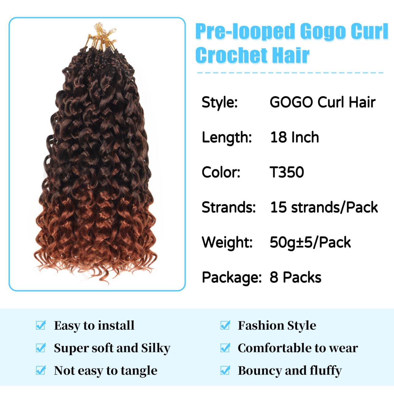Ainimiu18 inch Gogo Curl Crochet Hair 8 Packs Ocean Wave Crochet Hair Pre Looped Deep Twist Goddess Box Braids Curly Water Wave Synthetic Braiding Hair For Black Women - Image 2