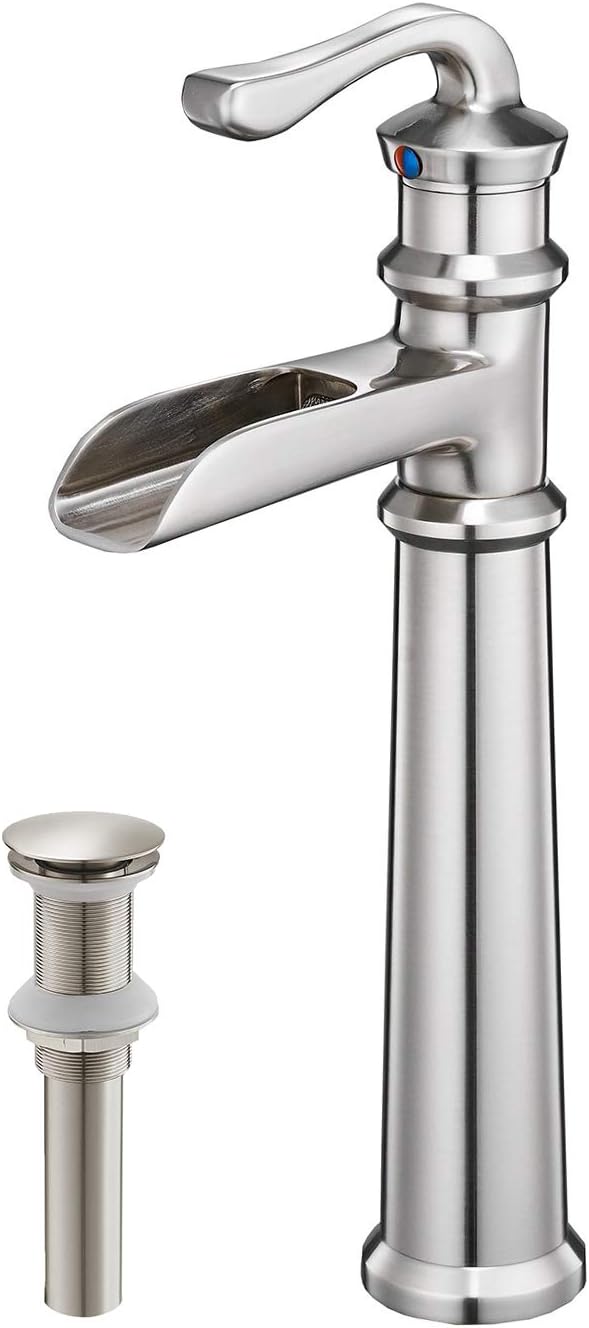 Black Friday 🔥 Greenspring Bathroom Vessel Sink Faucet Waterfall Single Handle One Hole include Pop up Drain without Overflow Commercial Bathroom Faucets Deck Mount Brushed Nickel
