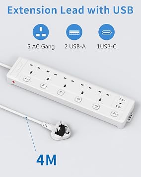 4M Extension Lead 5 Way with 3 USB Slots (2 USB-A,1 USB-C), Individually Switched Extension Lead with USB Slots, White 4 Metre Extension Cable, For Home Dorm Office