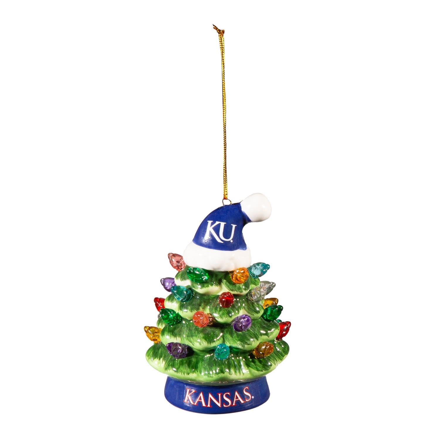 Adorno de cerámica de la Universidad de Kansas de 4 pulgadas con luz para árbol de Navidad