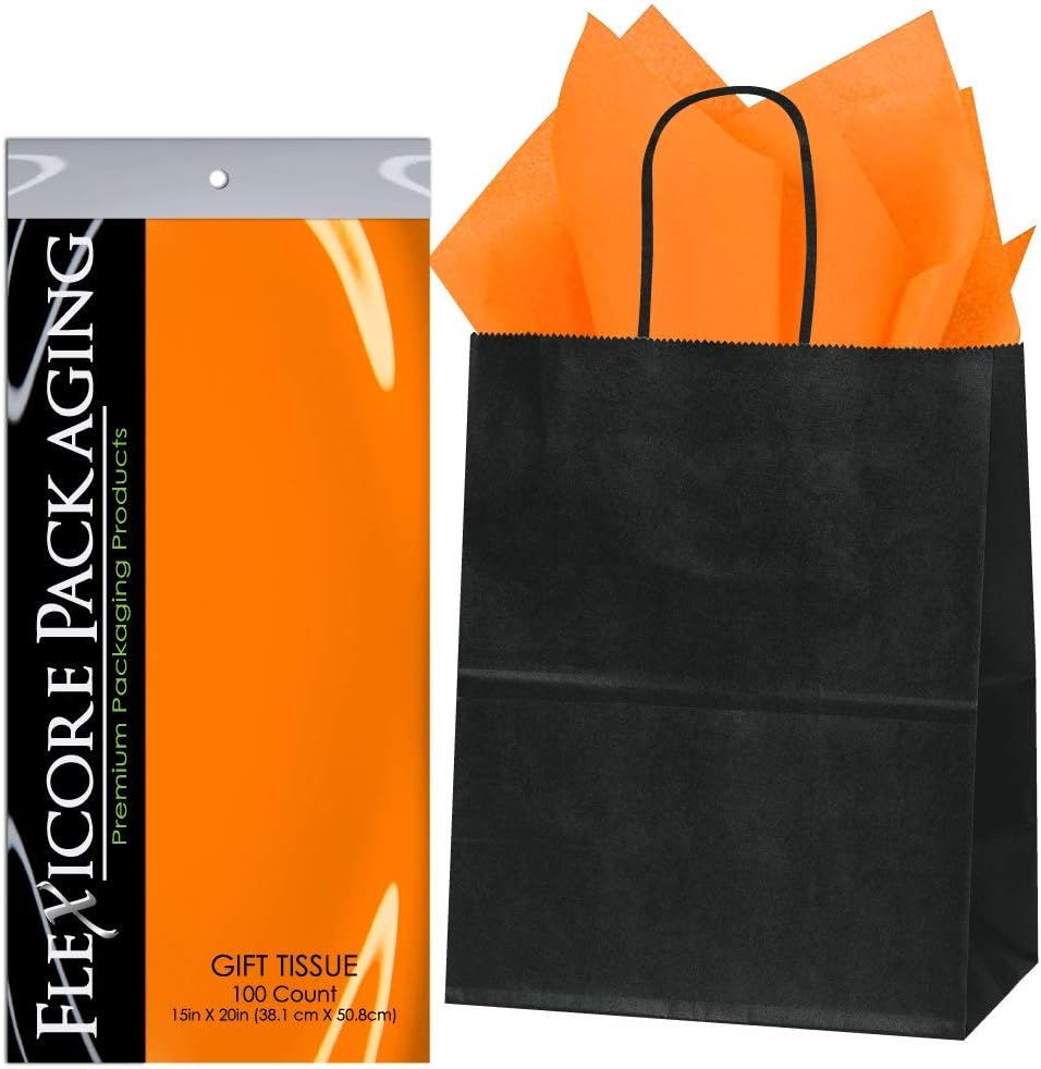 Flexicore Packaging® | 8"x4.75"x10.25" Black Kraft Paper Gift Bags + Gift Tissue Paper (Burgundy, 50 Bags)