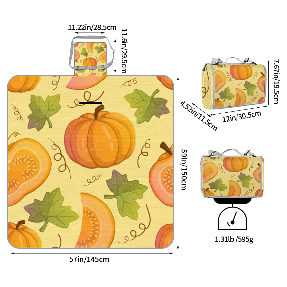 Shimoshe Picnic Blankets 57”x 59”, Fall Pumpkin Maple Leaf Waterproof Sandproof Picnic Mat Lightweight Foldable Beach Blanket for Camping Park Grass Beach Outdoor Blanket