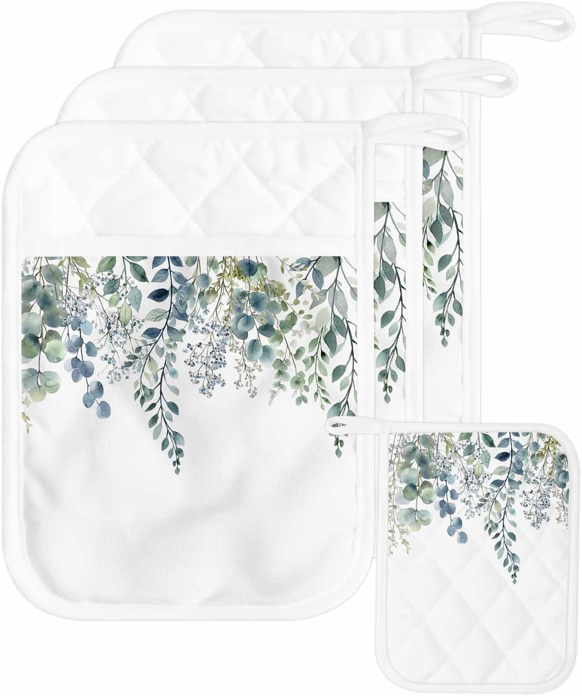 5 Pack Pot Holder with Pocket, Spring Eucalyptus Leaf Green Watercolor Kitchen Potholders Heat Proof Non Slip Pot Holders Sets, Fallen Leaves on White Hot Pads Potholder for Cooking Baking BBQ