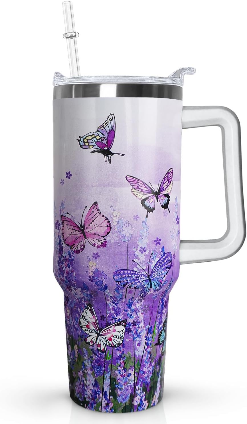 Ceovfoi 40 Oz Butterfly Tumbler With Handle, Purple Lavender Coffee Travel Mug Cup, Water Bottle, Butterfly Decor, Gifts for Women