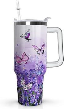 Ceovfoi 40 Oz Butterfly Tumbler With Handle, Purple Lavender Coffee Travel Mug Cup, Water Bottle, Butterfly Decor, Gifts for Women