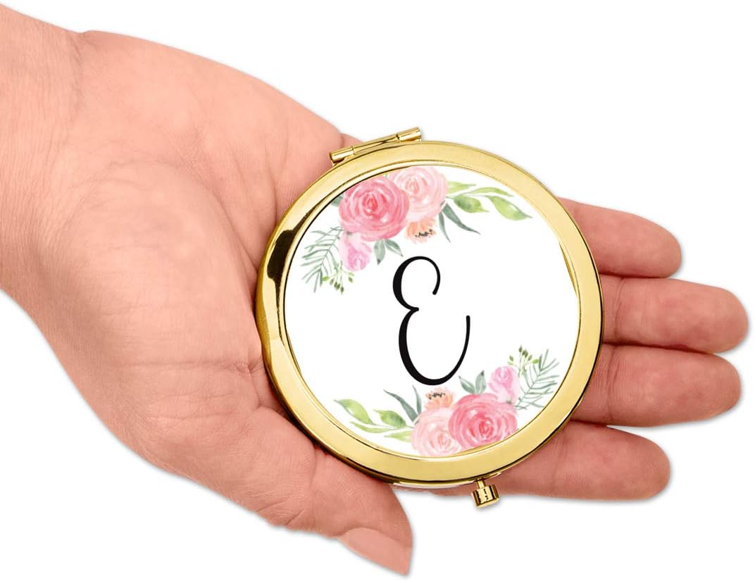 Andaz Press Compact Mirror Bridesmaid's Wedding Gift, Gold, Monogram Letter E, Peach and Pink Roses, 1-Pack, Bachelorette Bridal Shower Wedding Party Gifts