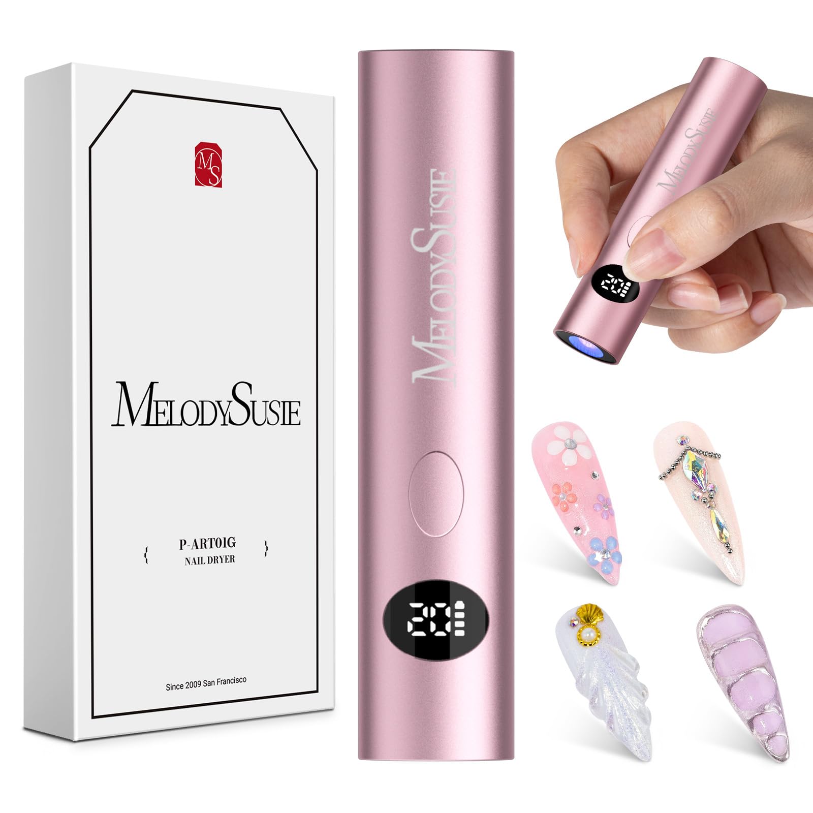 MelodySusie Handheld Cordless UV Nail Lamp with LCD Display Optical Lens P-Art01G Rechargeable Mini UV LED Light Flash
