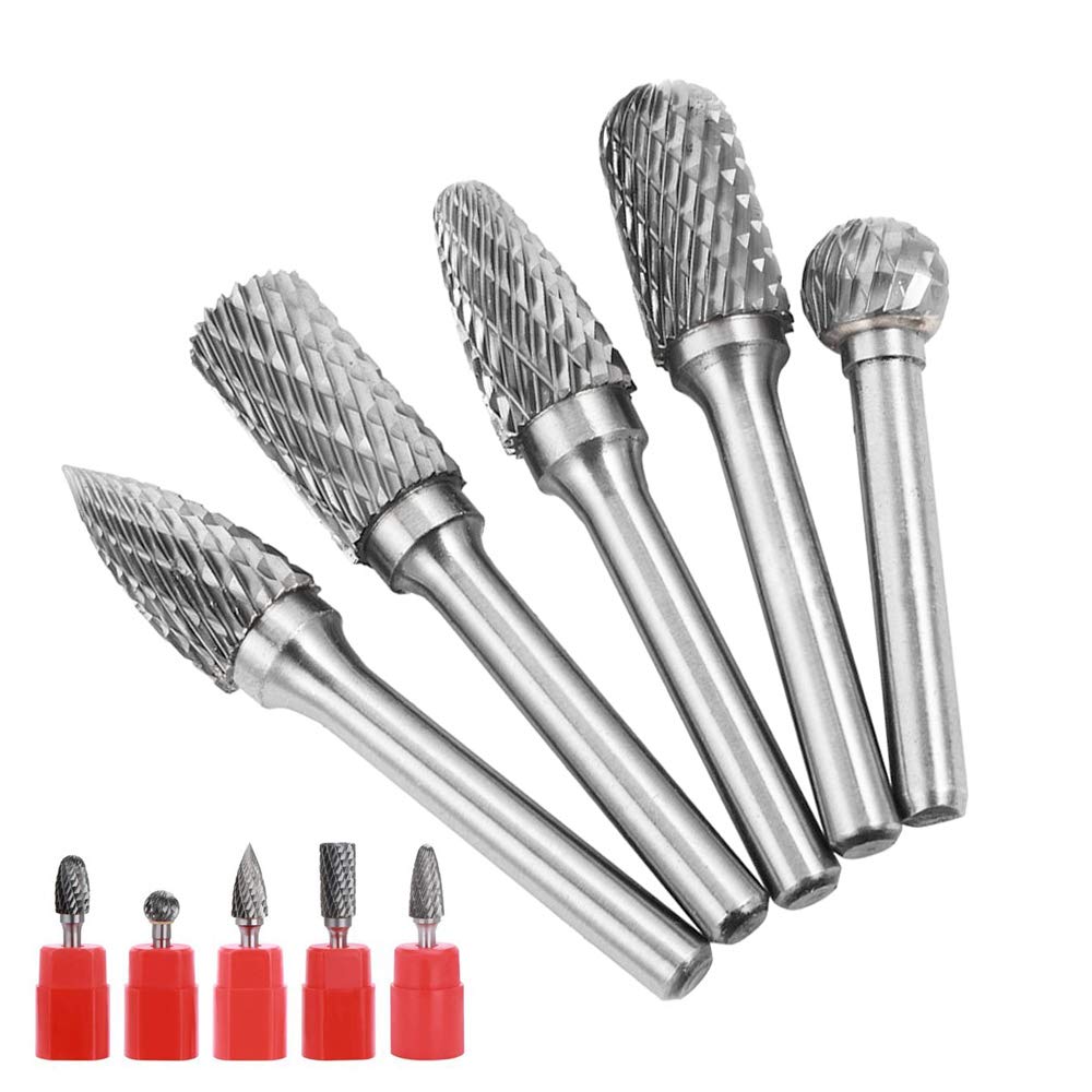 5PCS 6×10mm Fraises Double Coupe Rotatives Carbure de Tungstène Die Grinder Bit 6.35mm Tige Cylindrique de Gravure Rotatif Burres Pour Travail du Bois, Métal Polissage, Gravure, Perçage