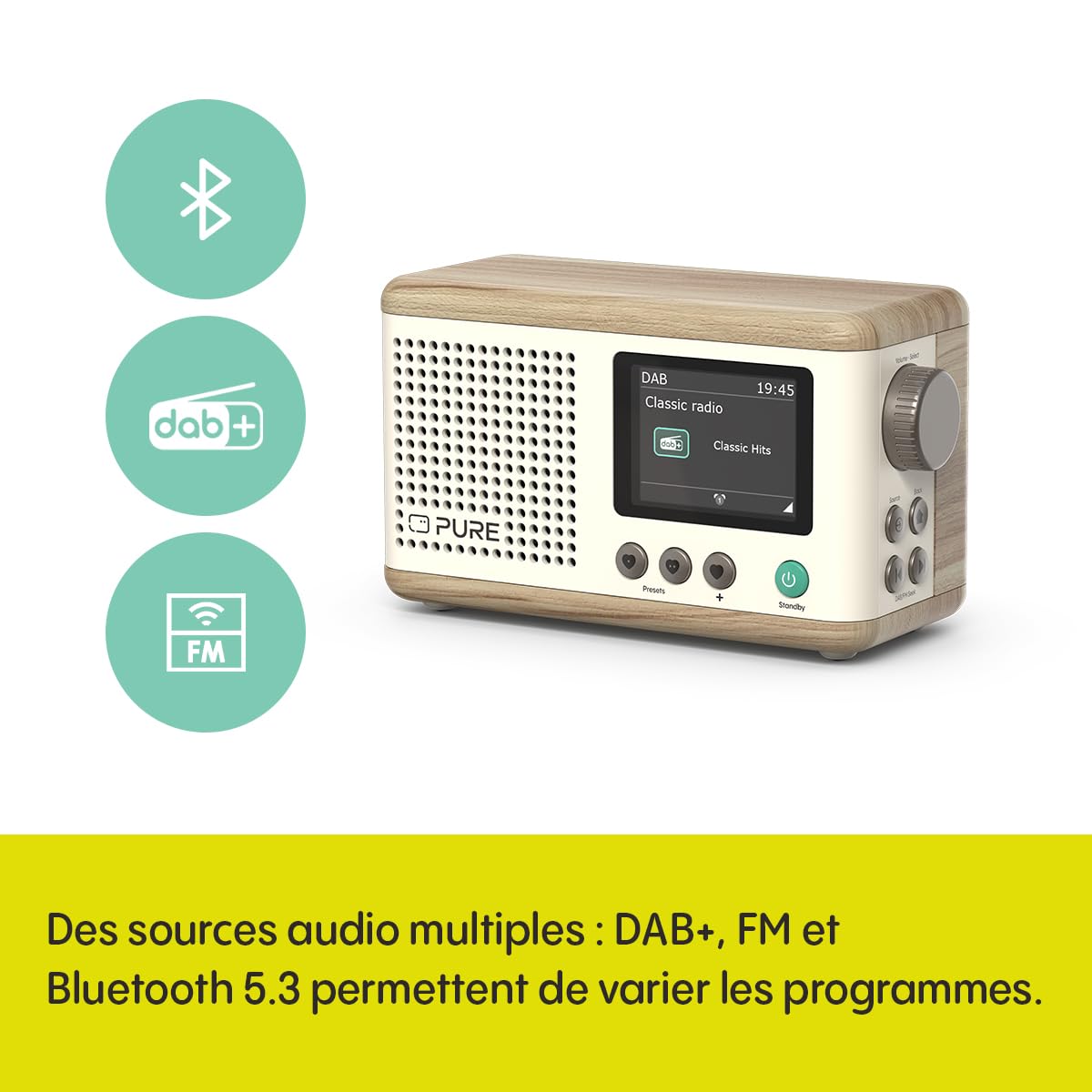 Pure Mini Radio numérique Portable Classique - Dab+ & FM - Bluetooth 5,3-15 Heures d'autonomie - 2 Options d'égaliseur - écran Couleur 2,4" - Sangle de Transport - Coton Blanc/chêne - Compact et léger