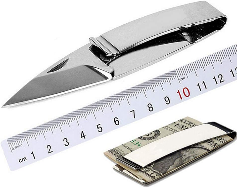 Money Clip Pocket Folding Knife - EDC Fold Knives Stainless Steel Silver Blade and Handle (Silver)