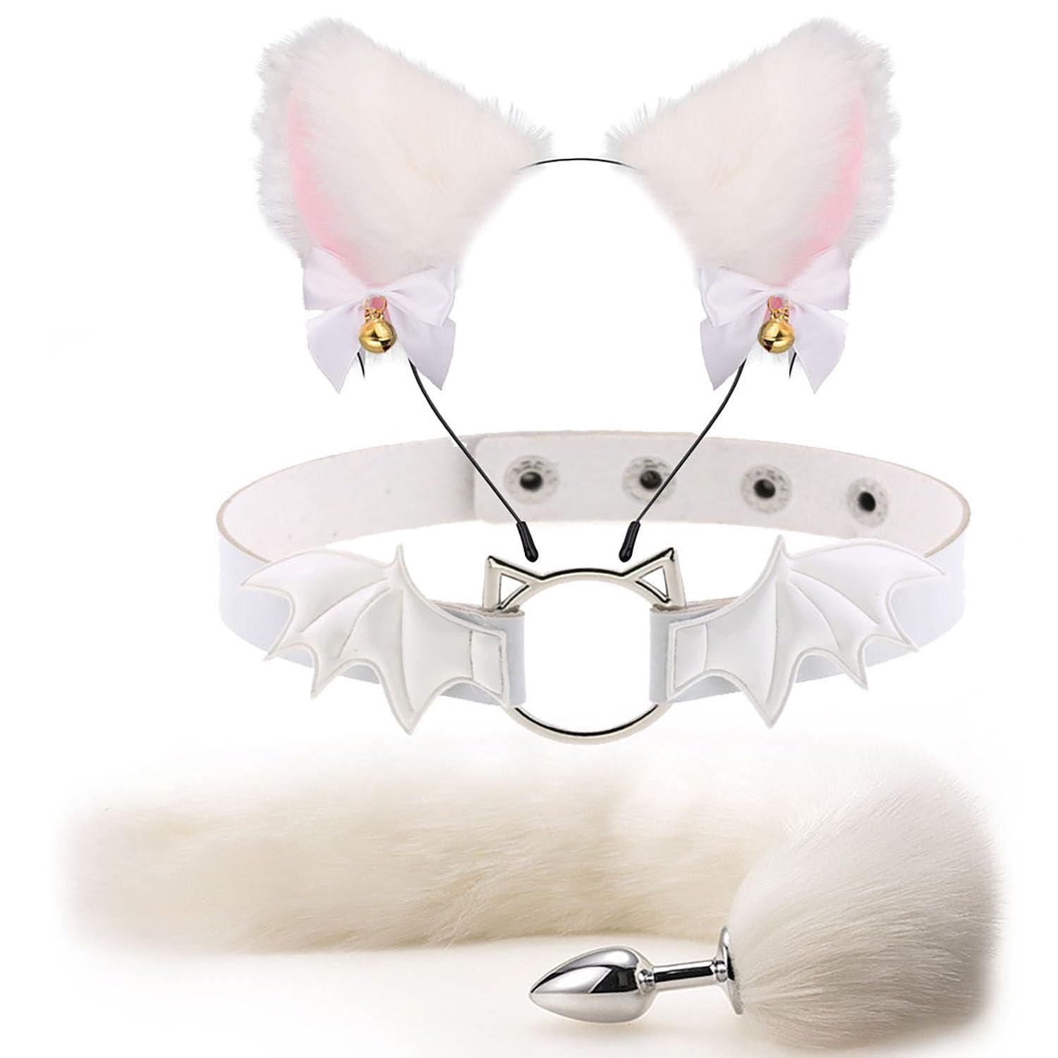 Conjunto de 3 piezas, longitud de la cola 40 cm, apariencia de cola de zorro blanco, masajeador de metal, apariencia exquisita, ropa para el hogar,White_c/3set