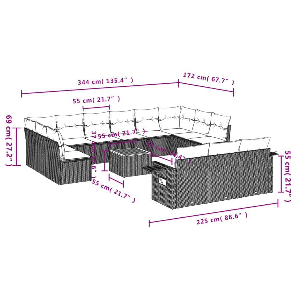 Set da 14 pezzi in polyrattan grigio con cuscini, divano da giardino modulare con ripiani pieghevoli e tavolo in legno di acacia, rivestimenti sfoderabili e lavabili