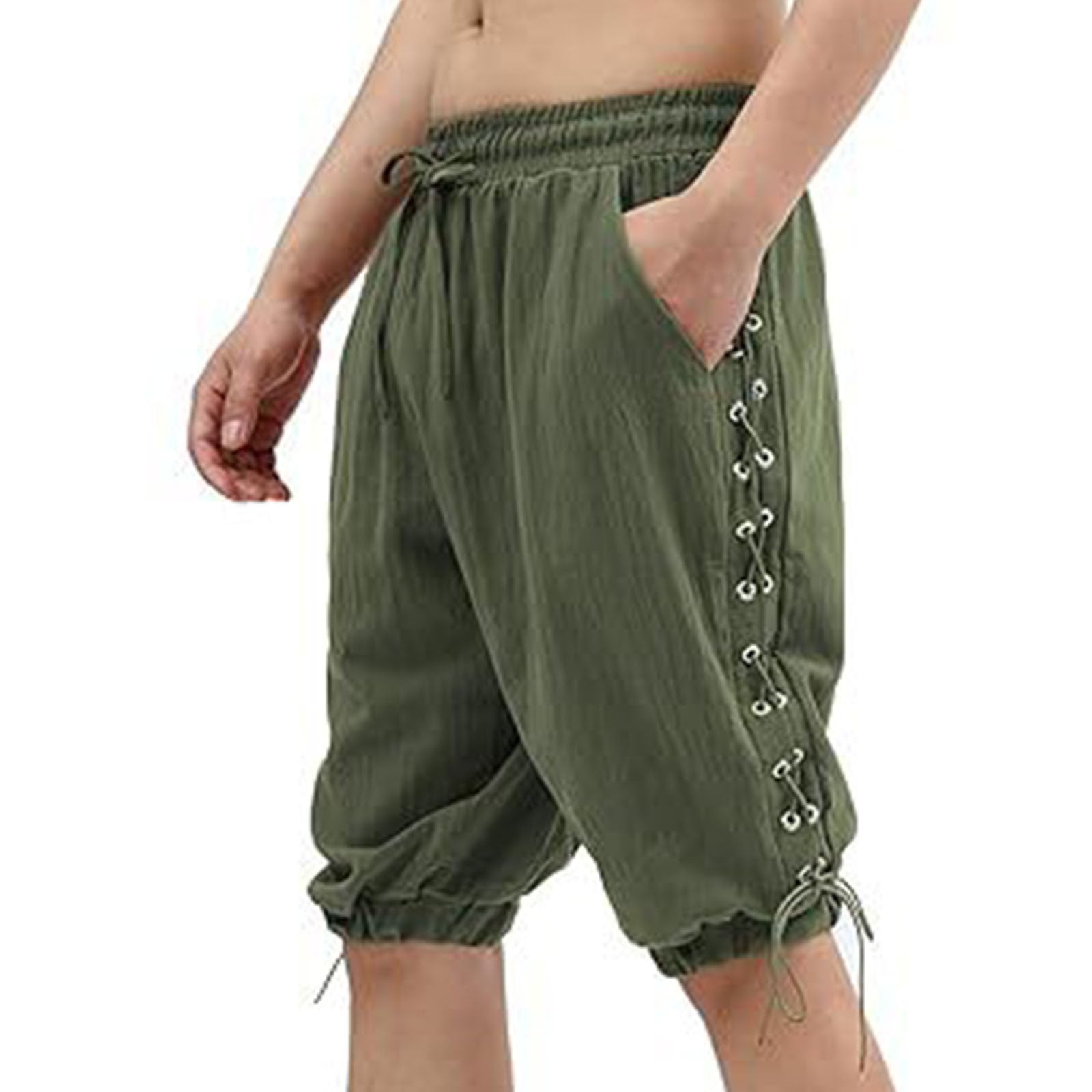 Generisch Baumwoll Shorts Herren mittelalterliche Piratenhose für Herren mittelalterliche Taillierte Passform mit Bindedesign Shorts Einfarbige Kurze Hose Unterhalb des Knies