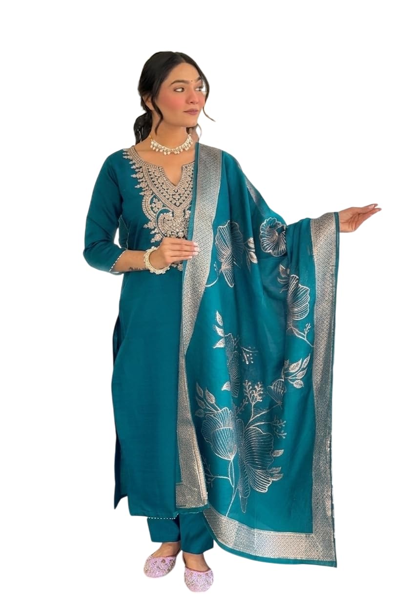 Women's Beautiful Rayon Slub With Embroidery Work with 3/4 Sleeve Salwar Suit For Women Readymade Salwar Suit Set For Any Occasion-picture-16