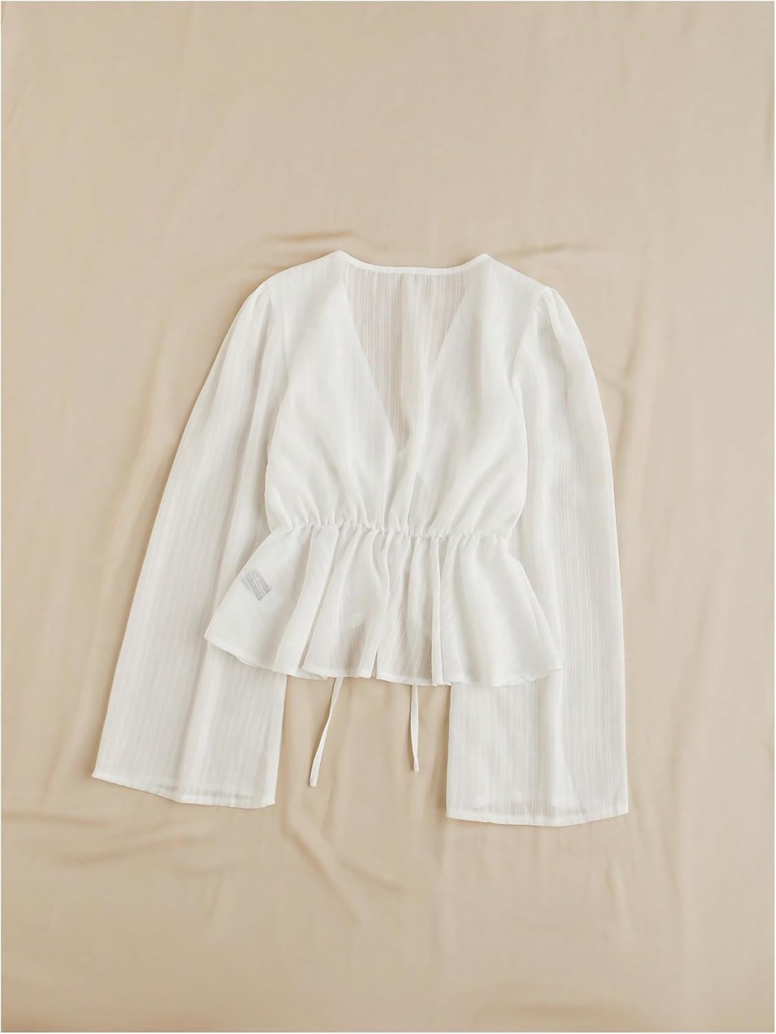 Floerns Women's Sheer Tie Front Flowy Sleeve Blouse Asymmetrical Ruffle Hem Flared Blouse - Image 4