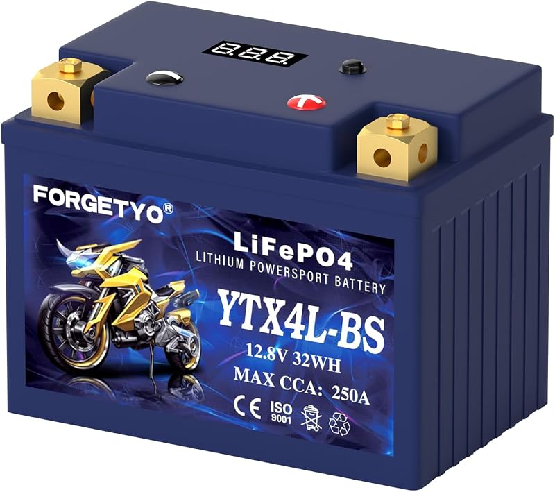 Lithium YTX4L-BS, Forgetyo 12V 2.5AH 250CCA LiFePO4 Motorcycle Battery, ATV, UTV, Jet Ski, 4 Wheeler,Snowmobile,Tractor and Generator Battery