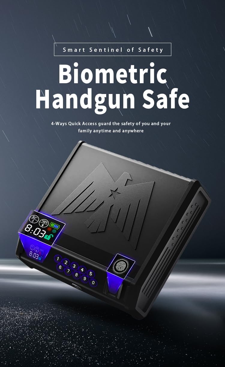 KASABLANK Gun Safe for Pistols - 3 Ways Unlock (Fingerprint/Digital PIN/Key) with Quick Access, LCD Temperature & Humidity Display, Solid Steel Safe for Home, Nightstand, Bedroom, Car and Cloakroom
