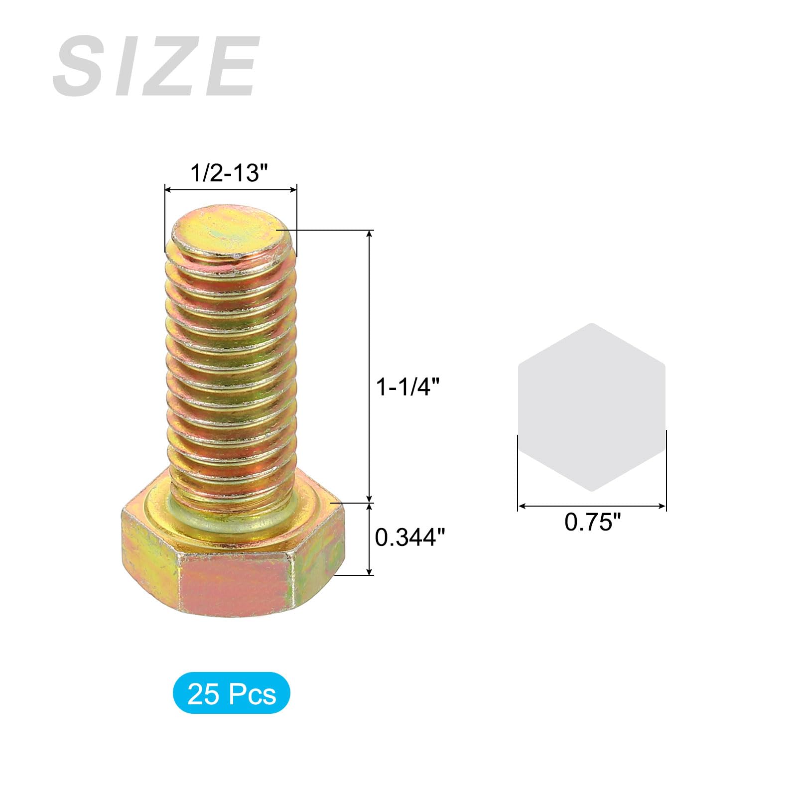 METALLIXITY Hex Bolts (1/2-13 x 1-1/4") 25Pcs, 8 Grade Carbon Steel Zinc Plated, UNC Coarse Thread, External Hex Drive - Image 2