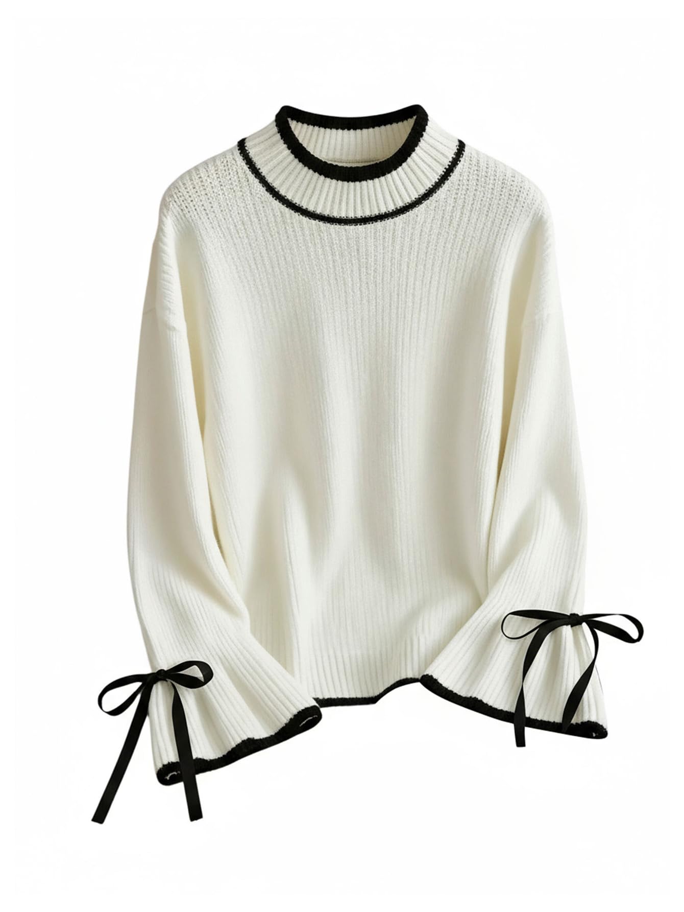 Verdusa Womens Plus Size Bow Flare Sleeve Cozy Sweaters Elegant Contrast Trim Trendy Pullover Knit Tops