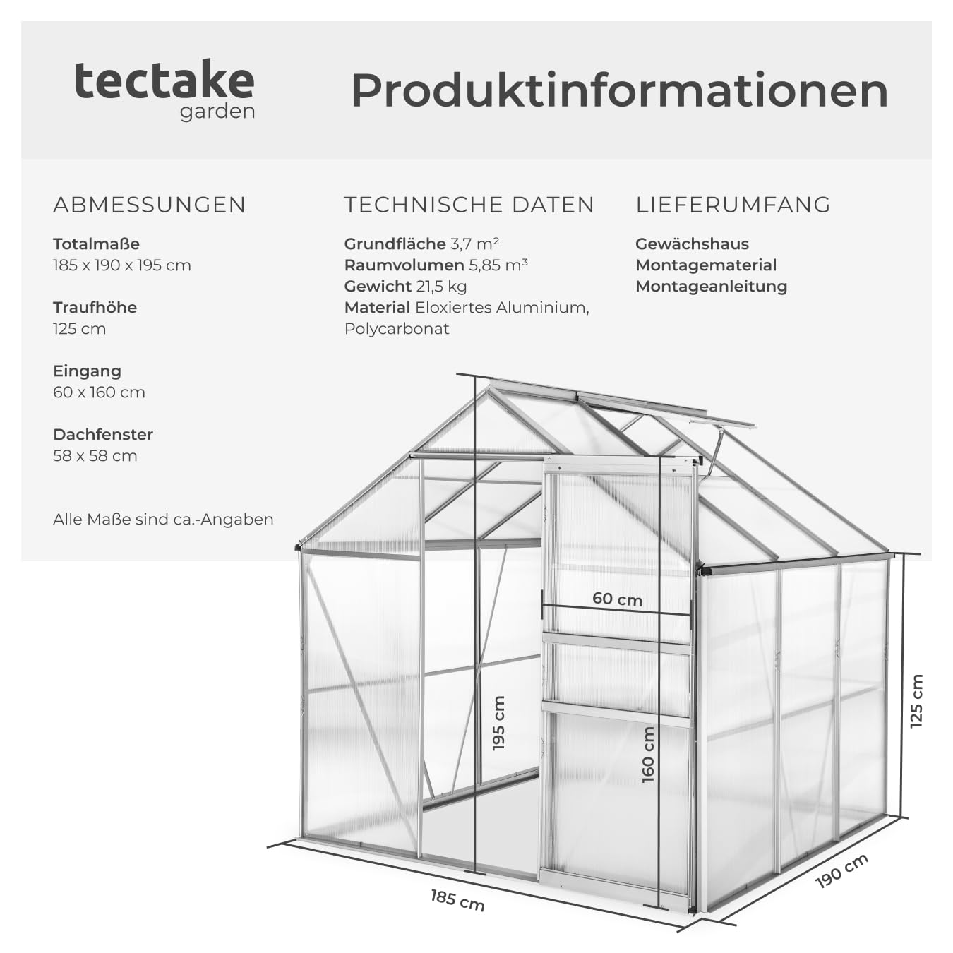 tectake® Aluminium Gewächshaus, 190x185x195 cm, Treibhaus, Tomatenhaus, Frühbeet, Pflanzenhaus, UV beständig, 4 mm Platte, Schiebetür & Dachfenster, Schutz vor Kälte, Regen und Frost - ohne Fundament