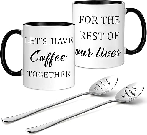 Hoolerry Juego de 2 tazas de café y cucharas para parejas, regalo de compromiso para parejas recién comprometidas, regalo de despedida de soltera,