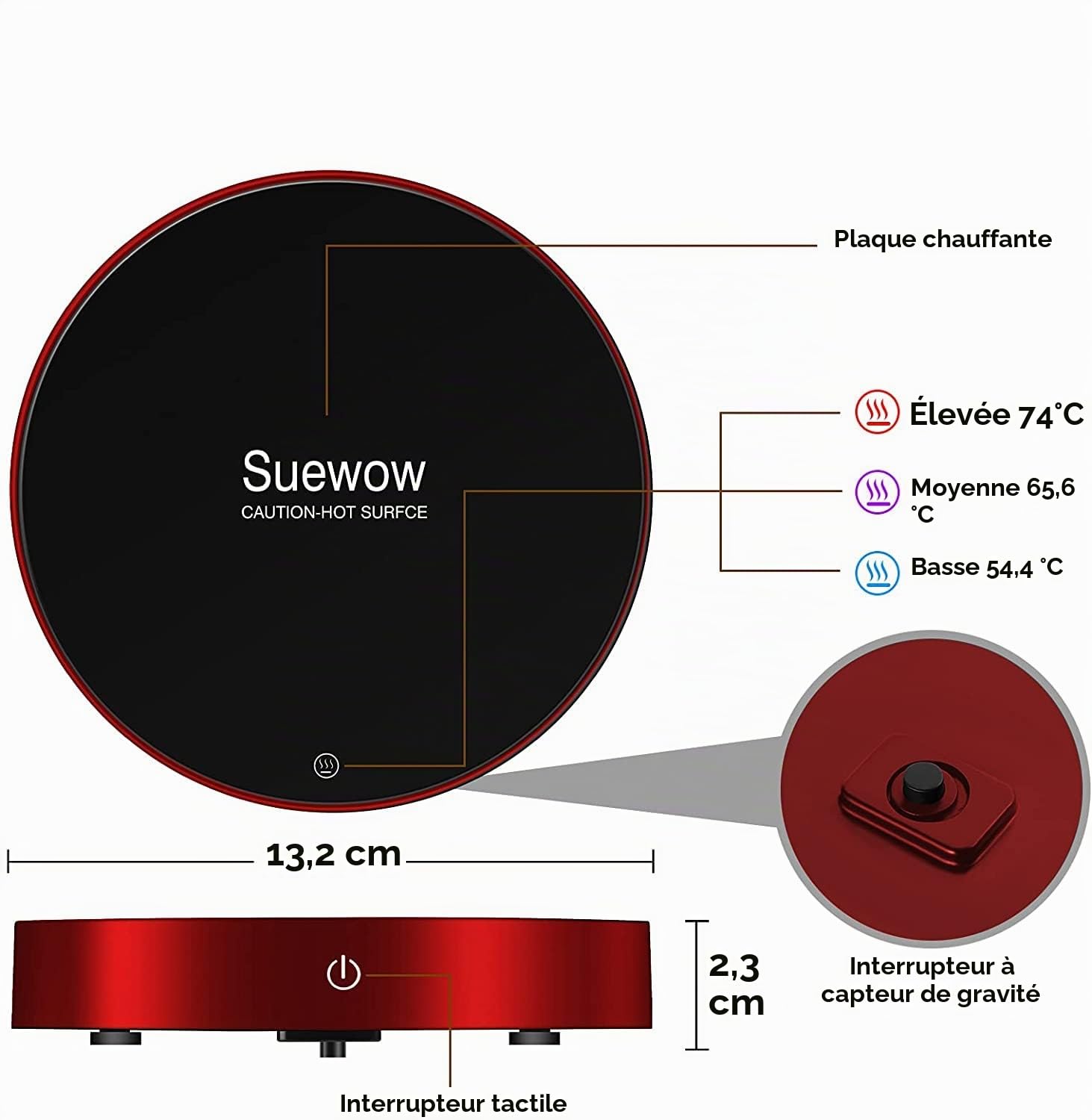 Réchauffe-Tasse à Café Chauffe-café, Chauffe-Tasses, Chauffe-Tasses de Table, Chauffe-Boissons électrique avec 3 réglages de température, avec Protection Auto on/Off et Auto Power Off (Rouge)