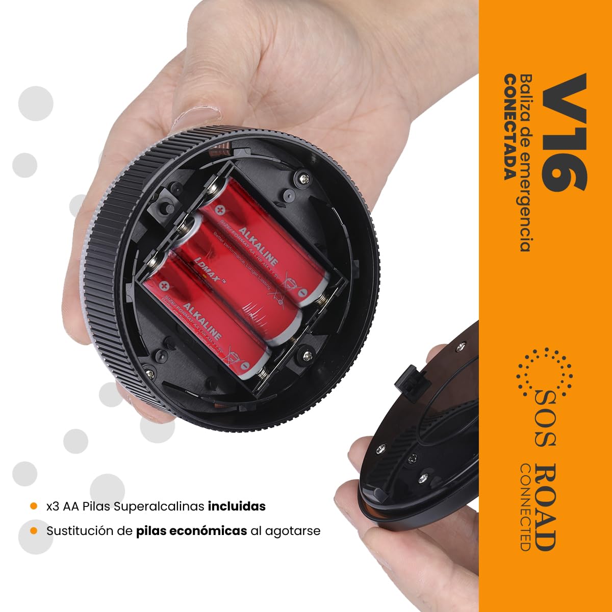 SOS ROAD Baliza de Emergencia V16 con Geolocalización y Conexión DGT 3.0 – Uso Obligatorio Enero 2026, Señal LED Homologada para Coche, Alcance 1km, Resistente al Agua, Datos Incluidos hasta 2038