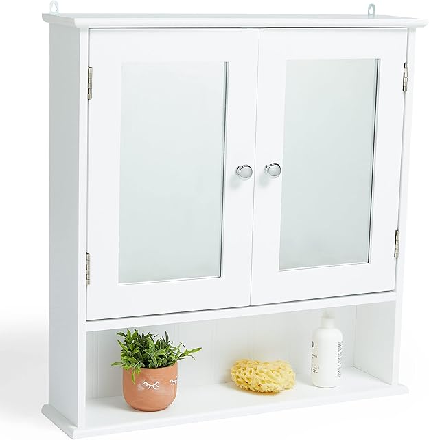 VonHaus Bathroom Cabinet with Mirror - White Wall Mounted Double Door Storage Cupboard - Mirrored Medicine Cabinet w/ 4 Adjustable Height Shelves - Shaker Style Wall Cabinet for Bathroom Toiletries