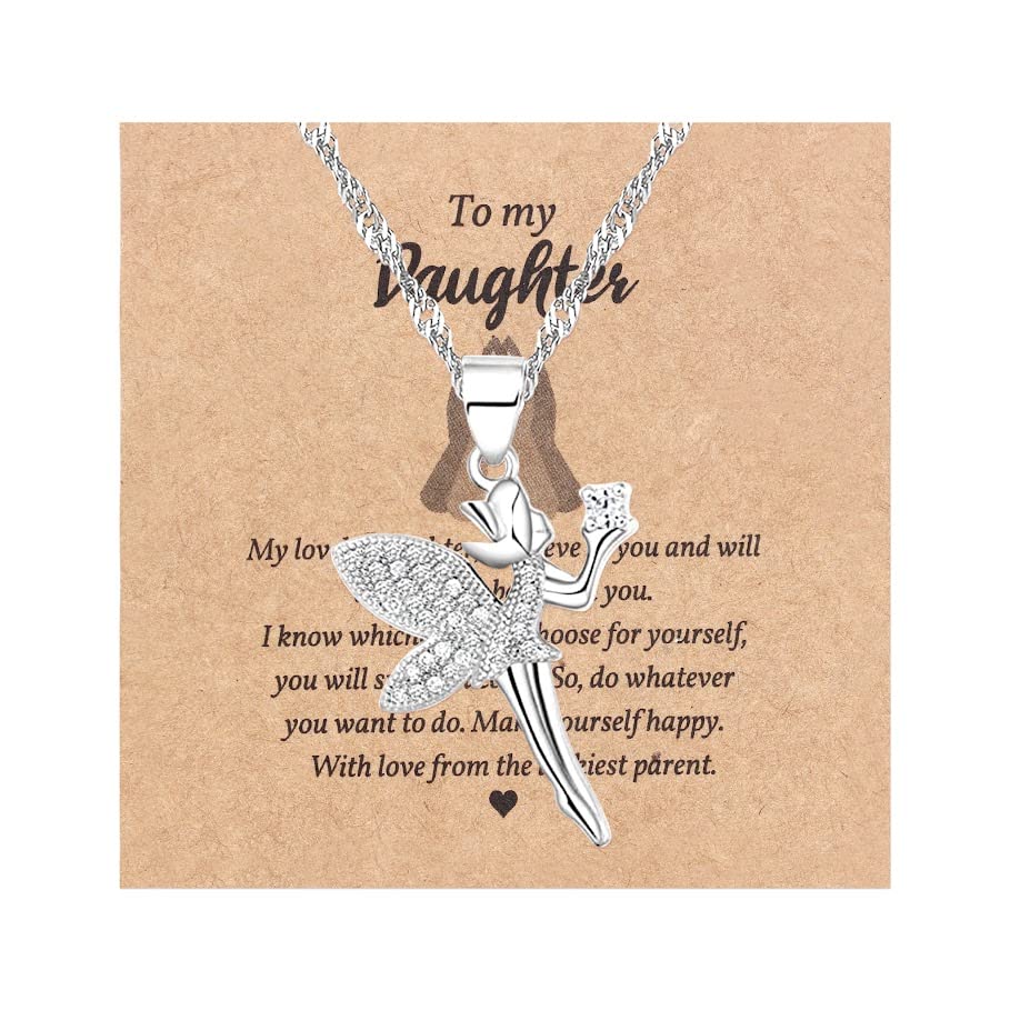 Collier ange dansant fille zirconium plaqué platine avec carte de vœux N1276